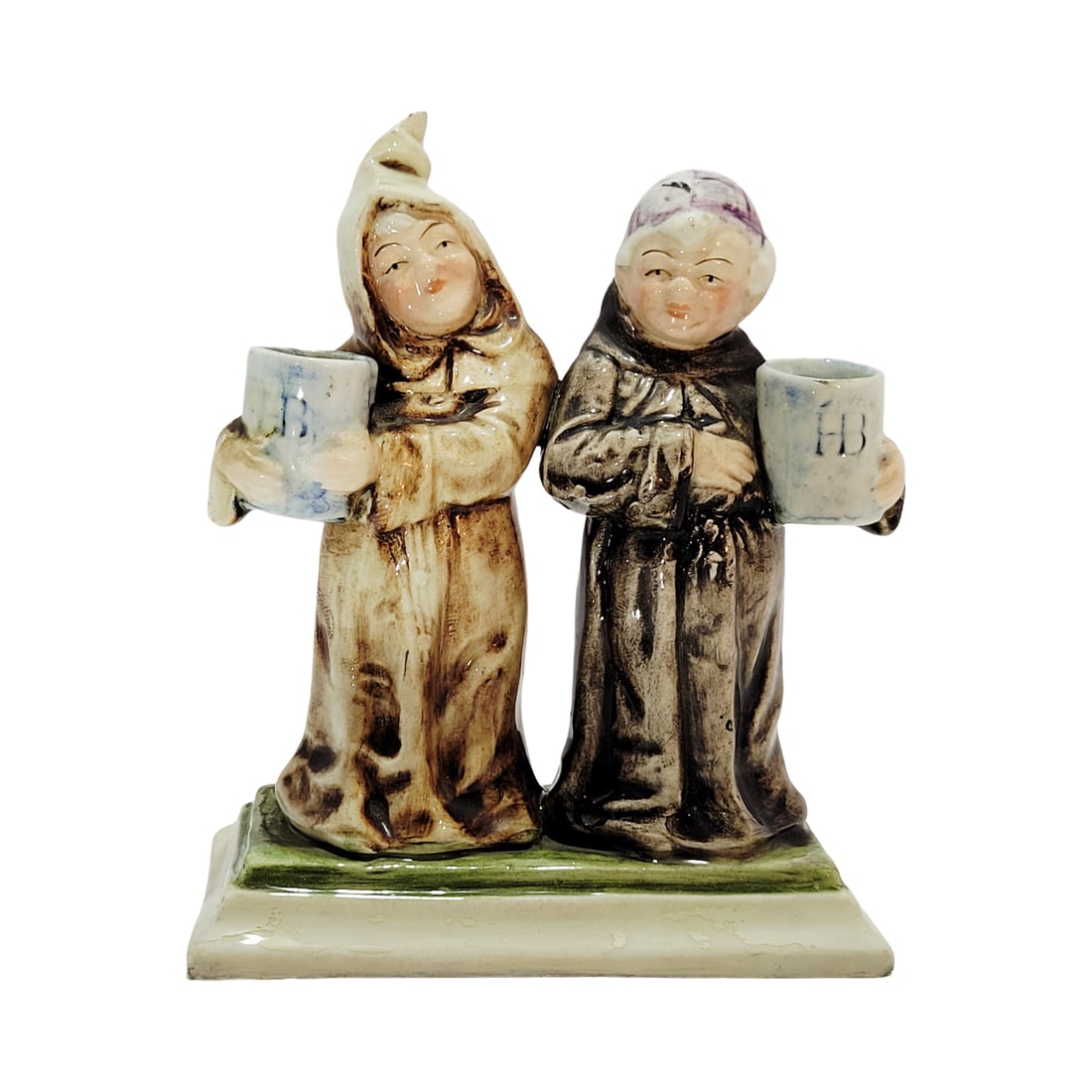 Pottery Figurine, German Figurine, Pair of Monks Holding HB Steins: 4 3/4" Tall by 4 1/8" Wide pottery hand glazed, circa early 1900
