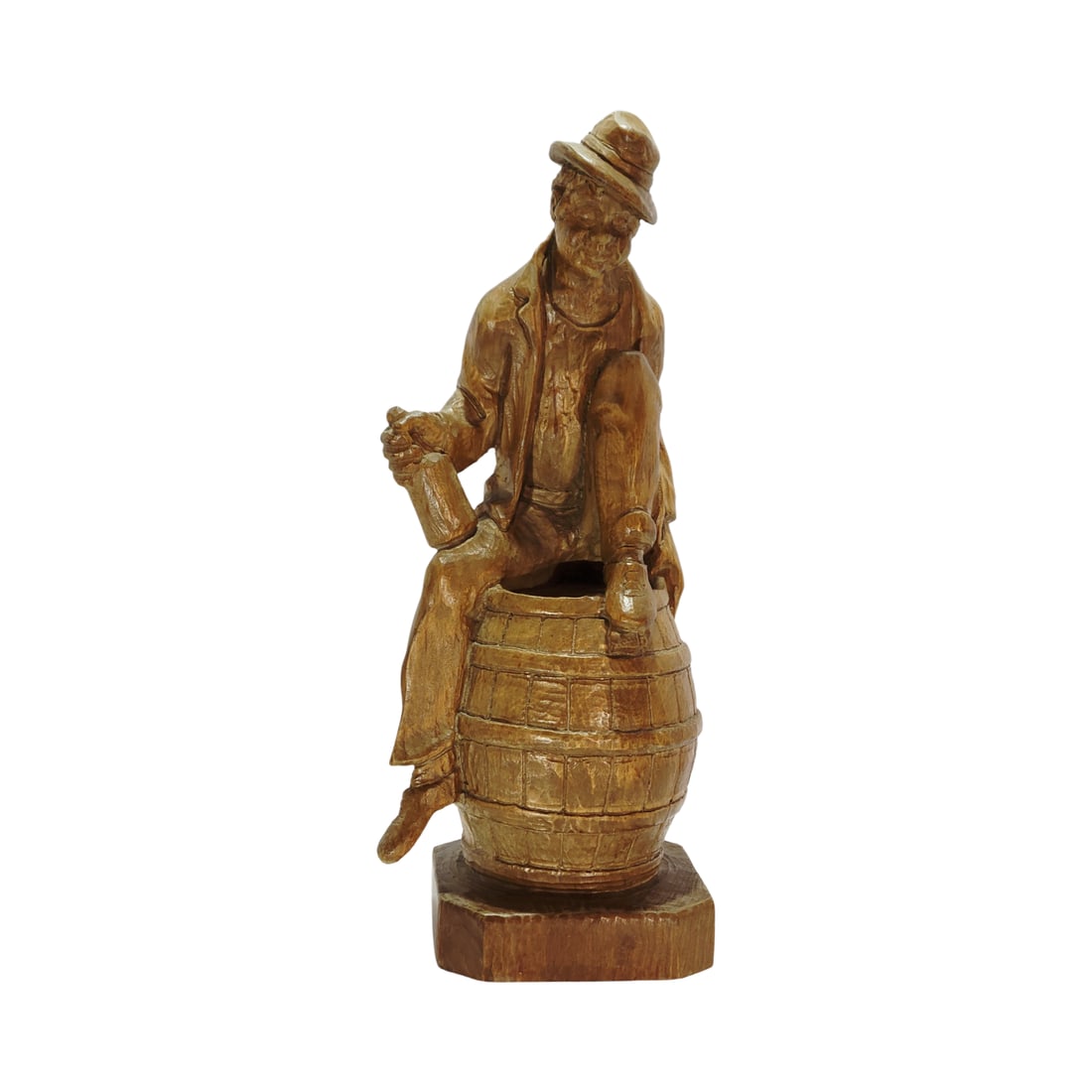 Madera Statue, German Wood Statue, German Man on Barrel: 15 1/4" Tall by 6 1/8" Wide hand carved wooden man on a barrel holding a bottle, comes with Madera Certificate of Authenticity, Solid Wood Carved, circa mid 1950's