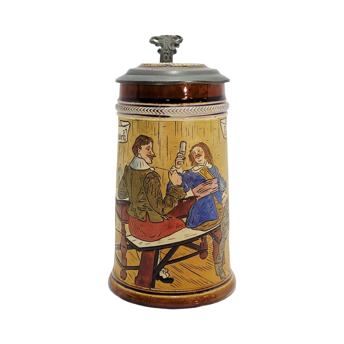 J. W. Remy Stein #854, German Beer Stein, Tavern Scene: 0.25 Liter pottery etched with pottery etched inlay lid, Text - Drink, drive away the worries, don't think about tomorrow, circa 1890's
