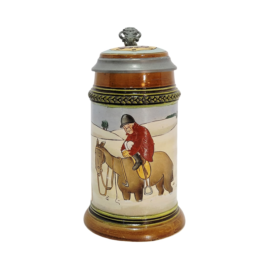 Reinhold Hanke Stein #1582, German Beer Stein, Lost Horse and Rider: 0.5 Liter pottery etched with pottery etched inlay lid, Text - Off the trail, Second in a set of four steins featuring humorous equestrian scenes, circa early 1900