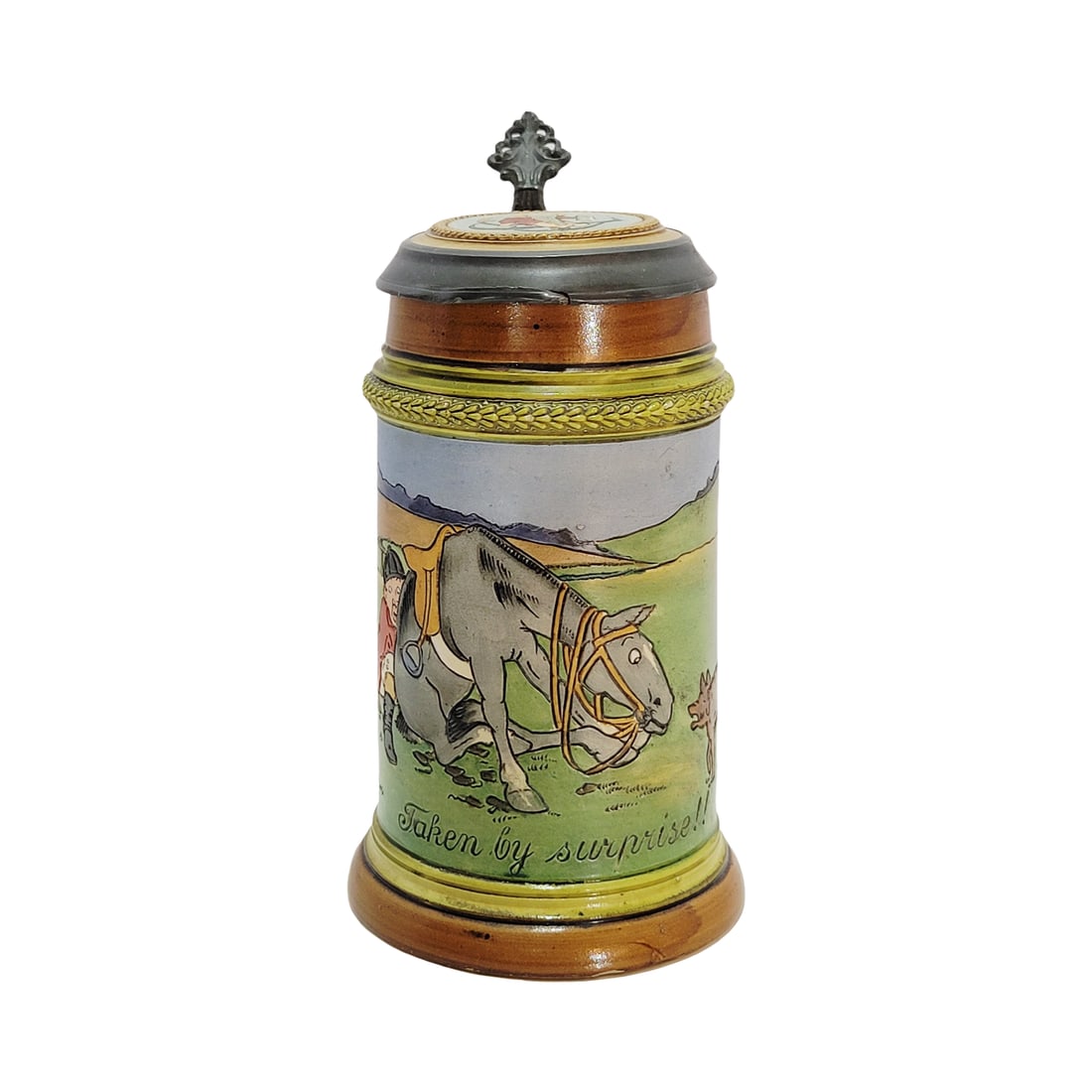 Reinhold Hanke Stein #1581, German Beer Stein, Horse Frightened by Cat: 0.5 Liter pottery etched with pottery etched inlay lid, Text - Taken by surprise!, circa early 1900