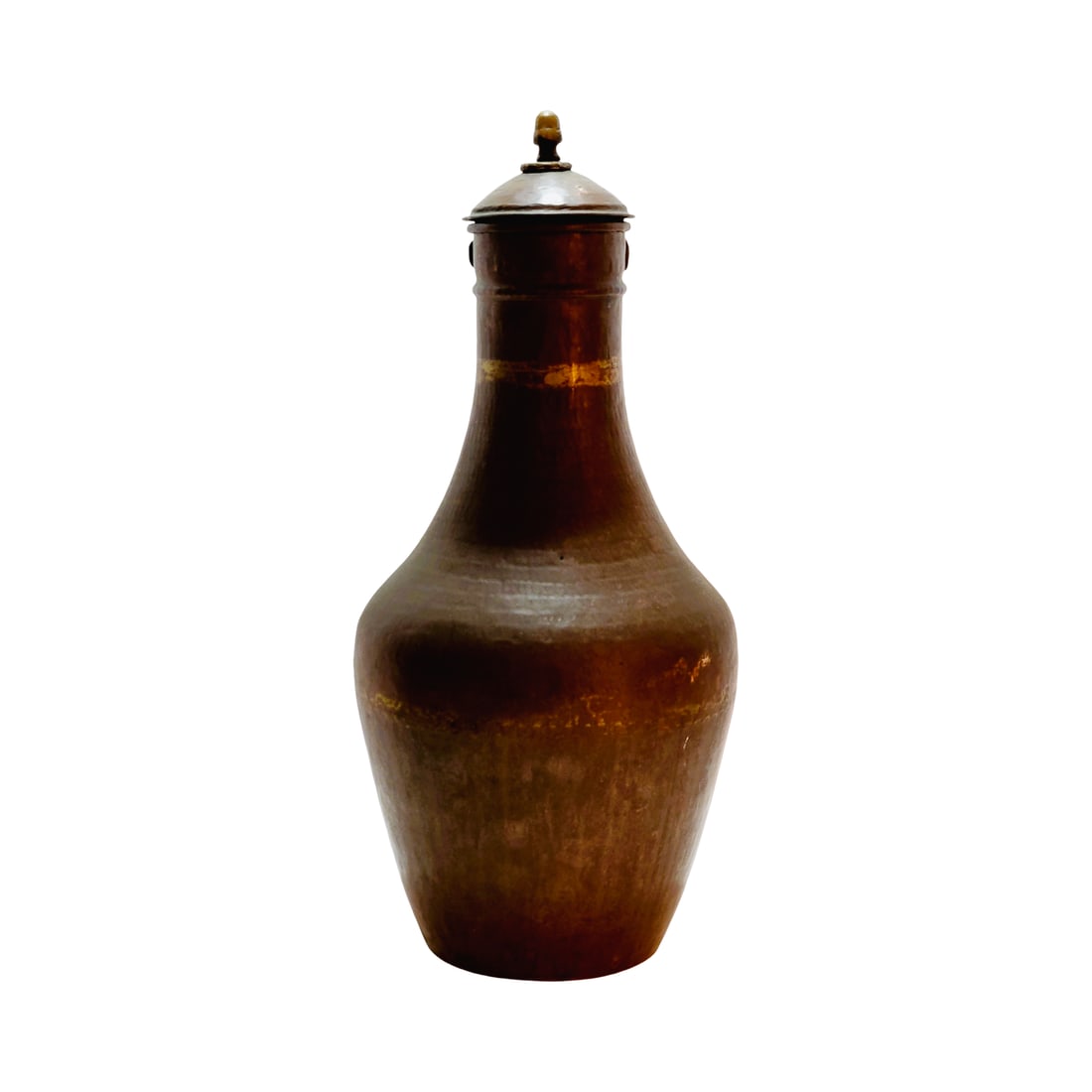 Persian Water Urn, Iranian Water Urn, Middle Eastern Water Urn or Dallah: 21" Tall by 11" Wide hand hammered copper bulbous jug with brass fittings, copper lid with brass finial and fittings, late 1800's