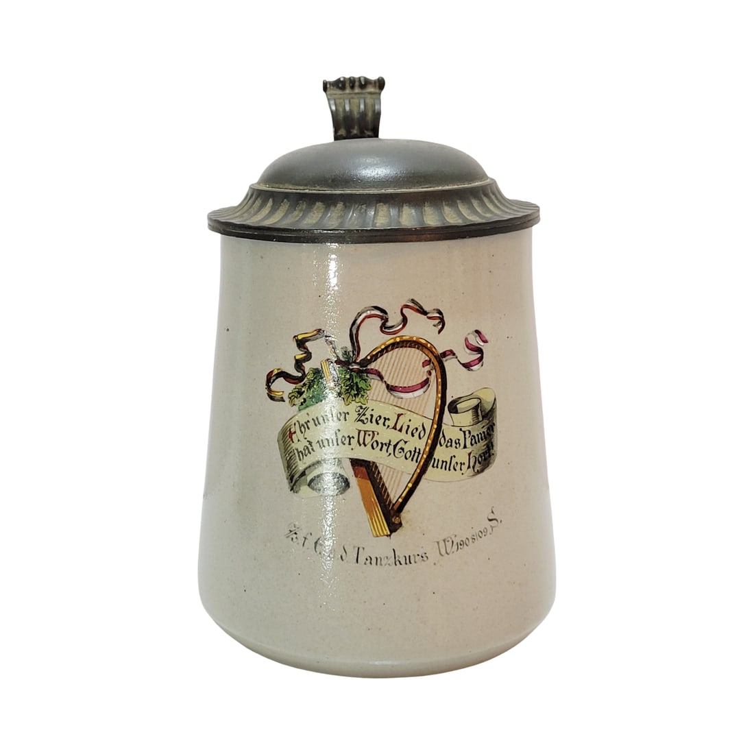 Marzi & Remy Stein #1828, German Beer Stein, Student Stein: 1/2 Liter stoneware salt glaze hand embellished enameling over glaze with nice pewter lid, Text - Brave warriors, the banner bears our word, God hears us!, circa 1909