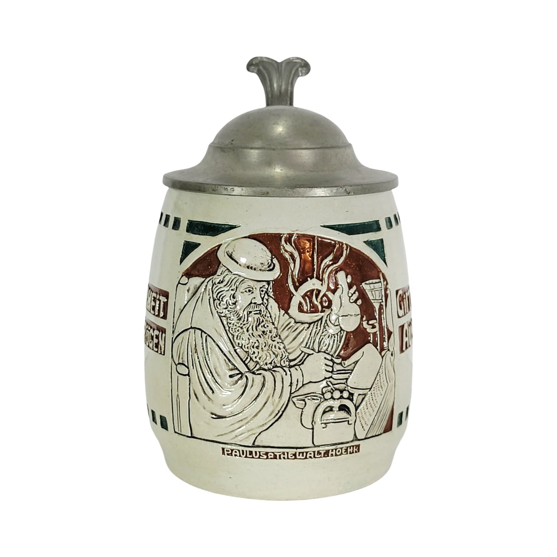A.J. Thewalt Stein #536, German Beer Stein, The Studying Pharmacist: 1/2 Liter stoneware salt glaze in relief with nice pewter lid, signed Paulus & Thewalt Hoehr, uncommon stein, Text - In me is truth. I cannot lie. One does not drink poison from such steins, circa
