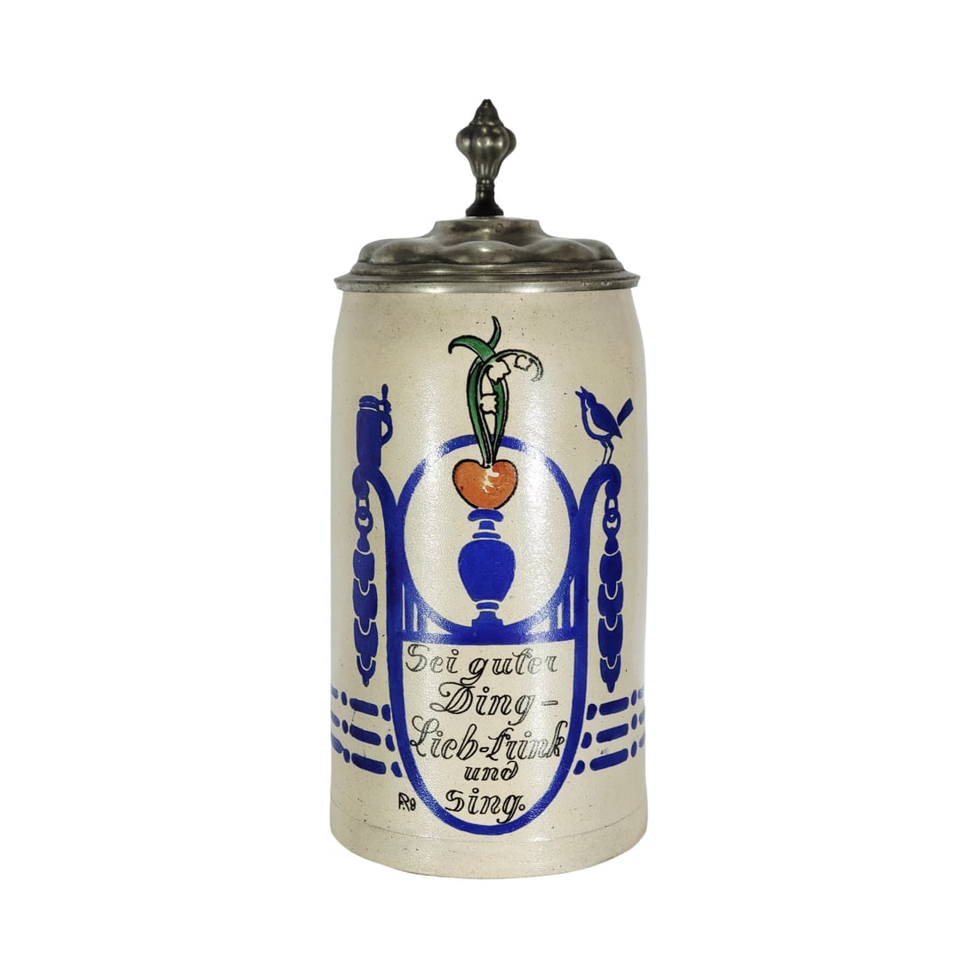 Merkelbach & Wick Stein, German Beer Stein, Franz Ringer Stein: 1.0 Liter stoneware salt glaze print over glaze with fancy pewter lid, signed by Franz Ringer, Text - Be of good cheer - Love - sparkle and sing, circa early 1900