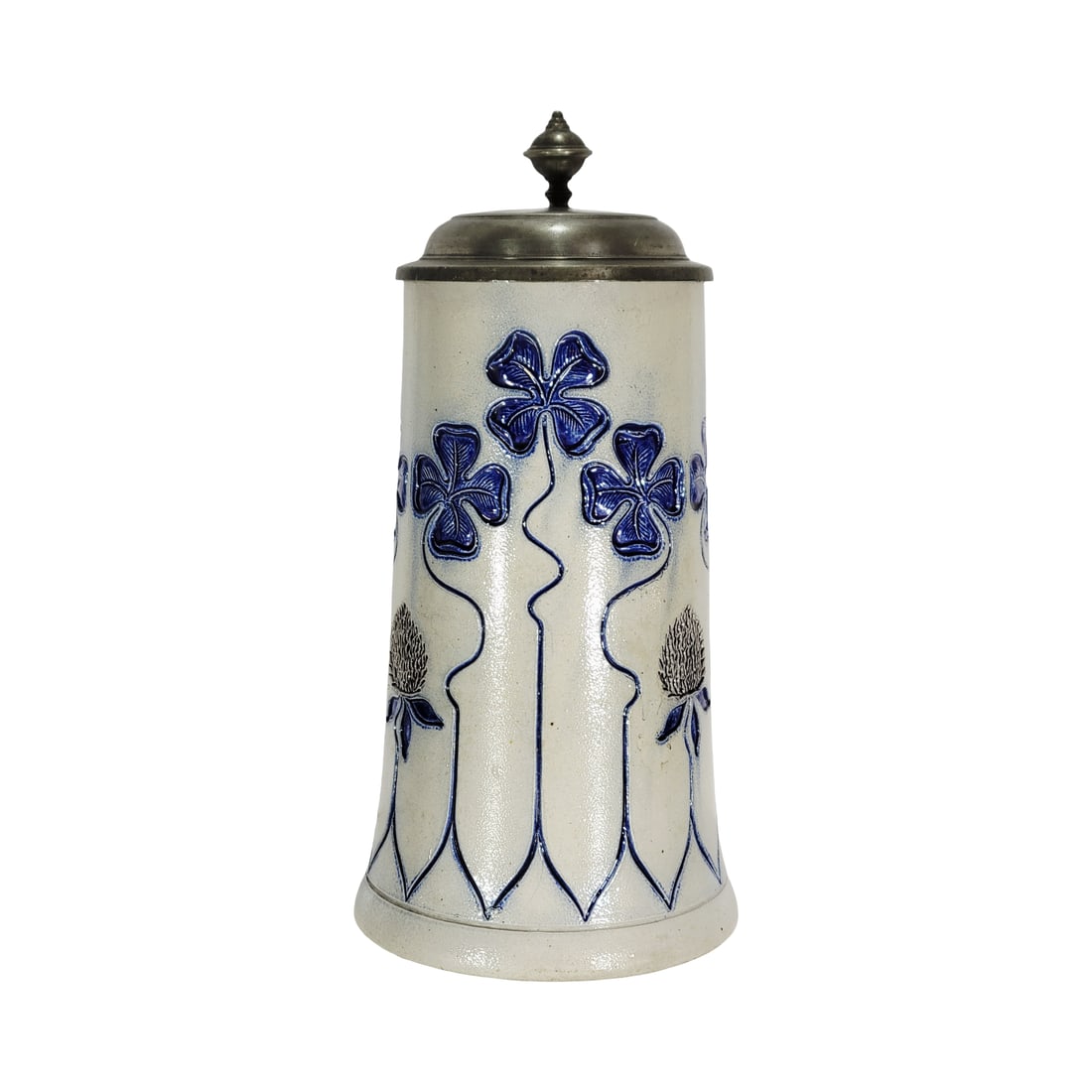 Merkelbach & Wick Stein #938A, German Beer Stein, Art Nouveau Stein: 1.0 Liter stoneware blue salt glaze etched with art nouveau floewr designs and pewter lid, circa late 1890's