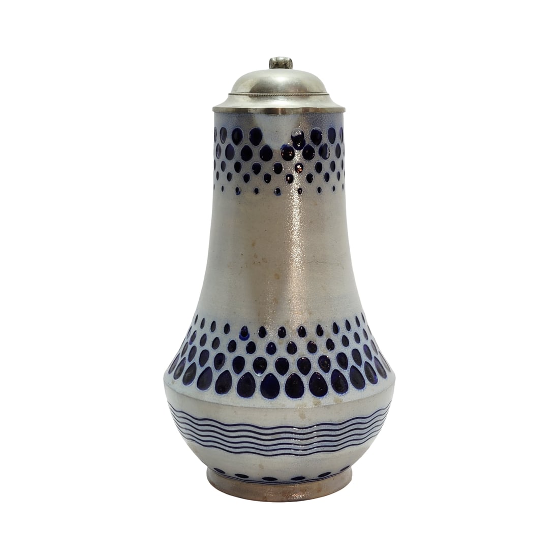 Simon Peter Gerz Stein #2275, German Beer Stein, Bulbous Art Nouveau Stein: 1.0 Liter stoneware saalt glaze with various cobalt glazing egg-shaped dimples and pewter lid, circa early 1900's