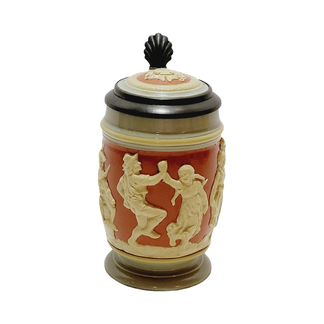 Villeroy & Boch Mettlach Stein #2086, German Beer Stein, Peasant Dance: 1/4 Liter stoneware in relief terra cotta version with stoneware in relief inlay lid, circa 1897