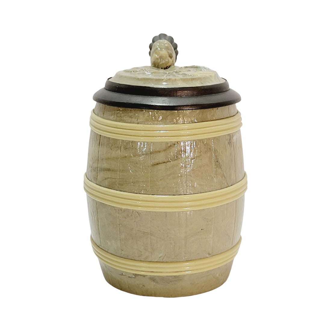 Villeroy & Boch Mettlach Stein #675, German Beer Stein, Barrel Character Stein: 1/2 Liter marbled pottery with 3 bands in relief with marbled pottery inlay lid with hopps bud finial, circa 1903