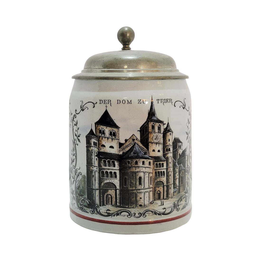 Villeroy & Boch Mettlach Stein #1526, German Beer Stein, City of Trier: 1/2 Liter stoneware print under glaze with pewter lid, this is a hard to find stein, circa 1890