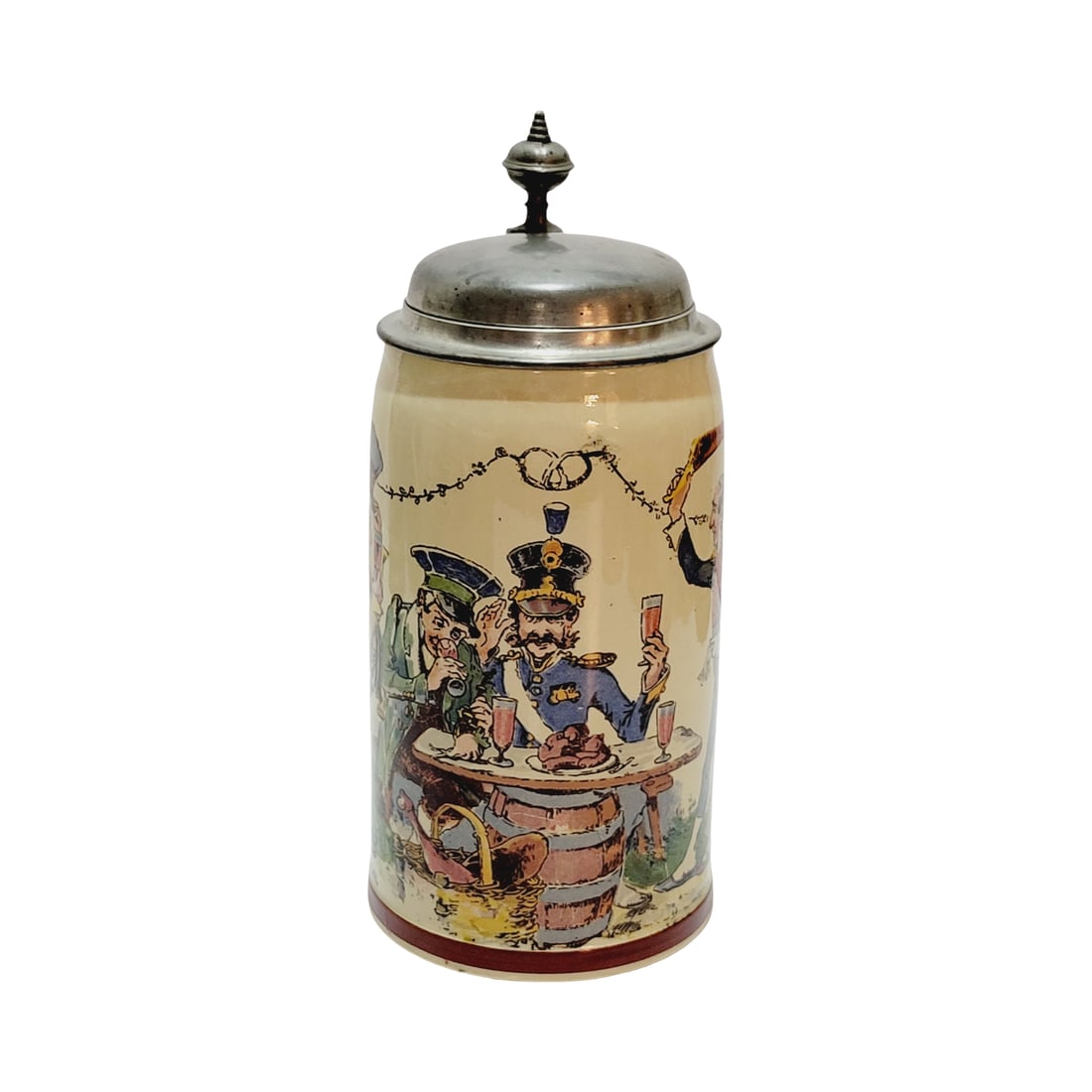 Villeroy & Boch Mettlach Stein #1909/1110, German Beer Stein, Drinking Companions of the Past: 1/2 Liter pottery print under glaze with pewter lid, signed by Heinrich Schlitt, circa 1907
