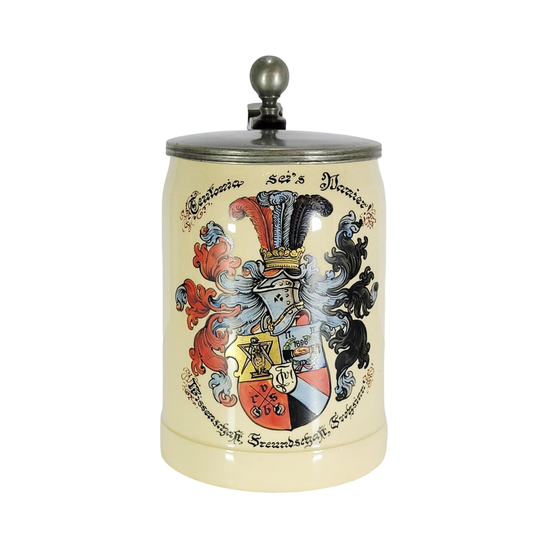 Pottery Stein, German Beer Stein, Student Association Stein: 1/2 Liter pottery hand embellished print over glaze with pewter lid, dated 1898