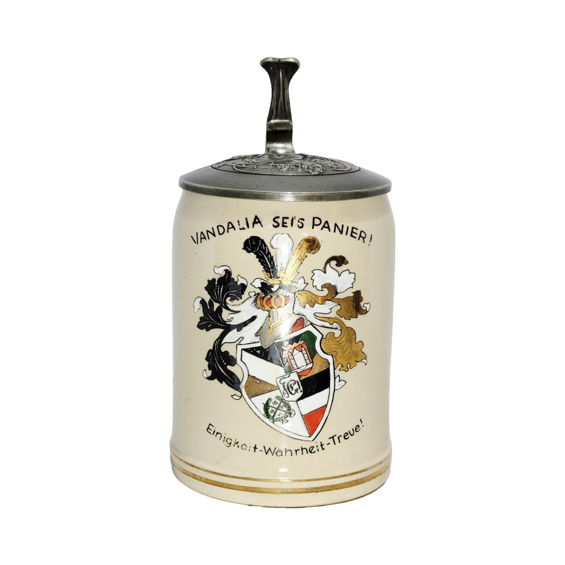 Werner Corzelius Stein, German Character Beer Stein, Student Stein: 1/2 Liter pottery hand embellished print over glaze with very nice replaced pewter lid, circa mid 1900's