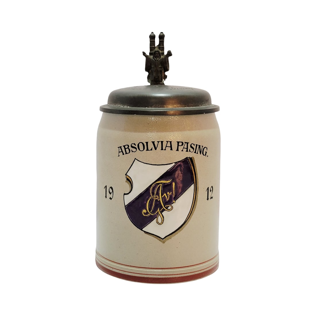 Marzi & Remy Stein, German Beer Stein, Absolvia Pasing 1912: 1/2 Liter stoneware enameled over salt glaze student association stein with very nice engraved pewter lid, circa 1912