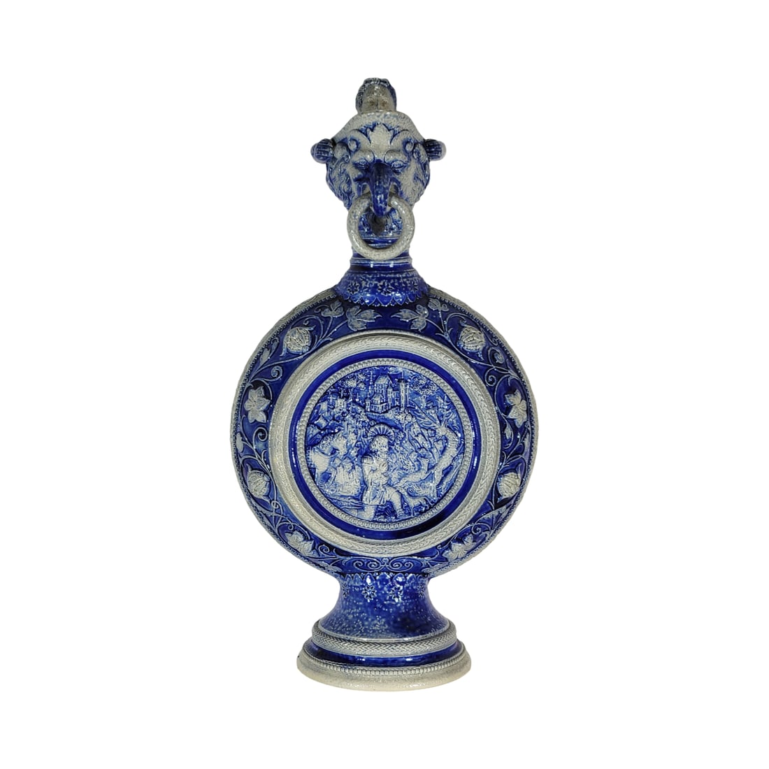 Reinhold Hanke Ewer #28, German Pitcher, Wine Ewer with Ring: 1/2 Liter stoneware in relief blue salt glaze with eagle spout and nose ring, handle with woman's arms and head, 11 1/2" Tall by 6" Wide, very nice example, circa 1880's