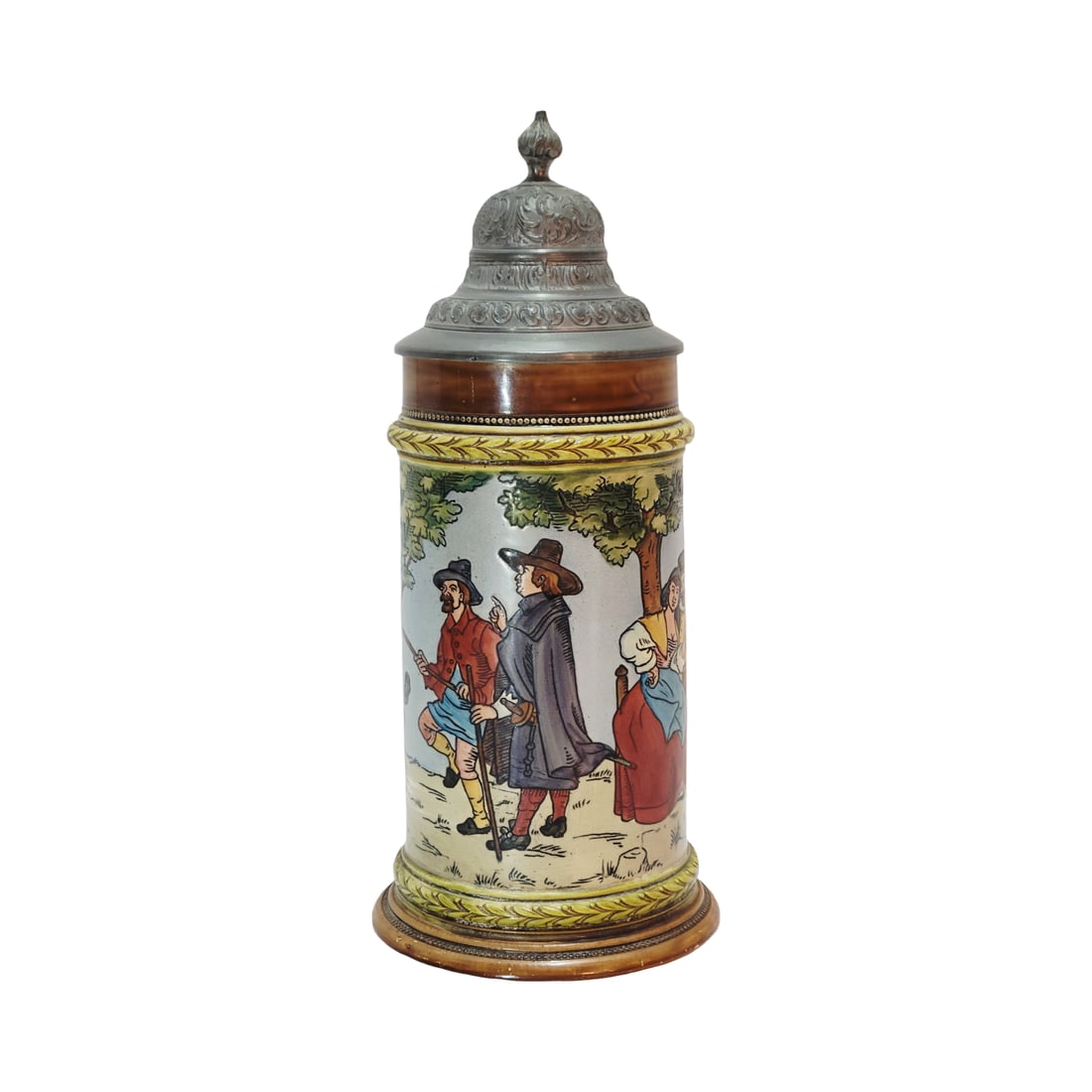 Reinhold Hanke Stein 1451, German Beer Stein, Funny Outdoor Scene: 1/2 Liter pottery etched with nice glazing and pewter lid, circa early 1900