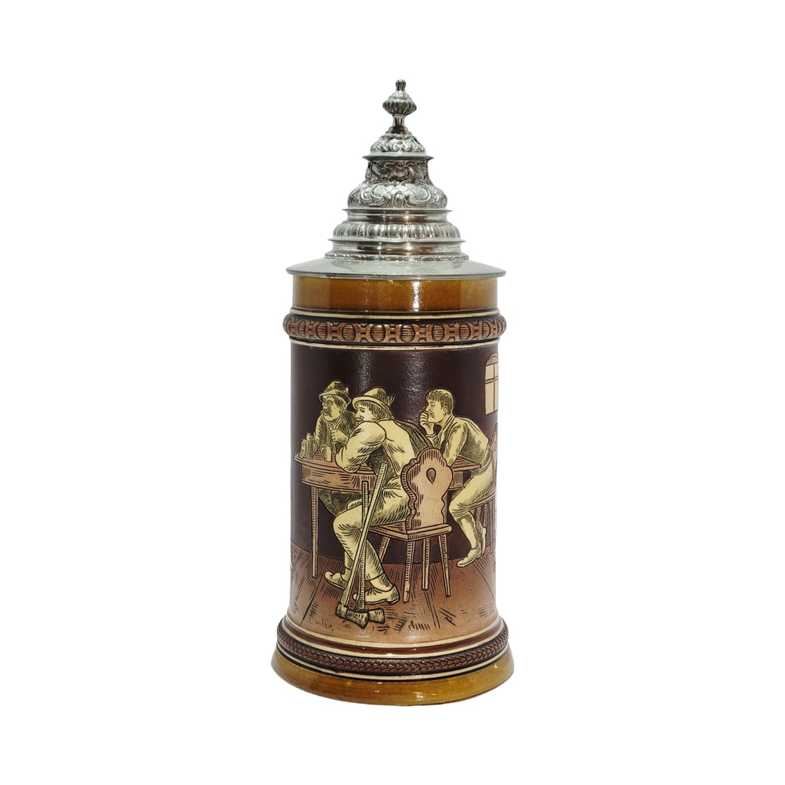 Hauber & Reuther Stein #410, German Beeer Stein, Tavern Scene: 1/2 Liter pottery etched with nice period replaced pewter lid, circa 1890's