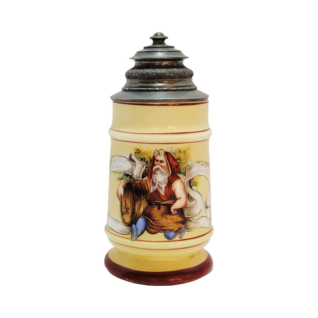 Porcelain Stein, German Beer Stein, Old Man with Barrel & Saying: 1/2 Liter porcelain hand painted with nice pewter lid and lithophane, circa late 1890's