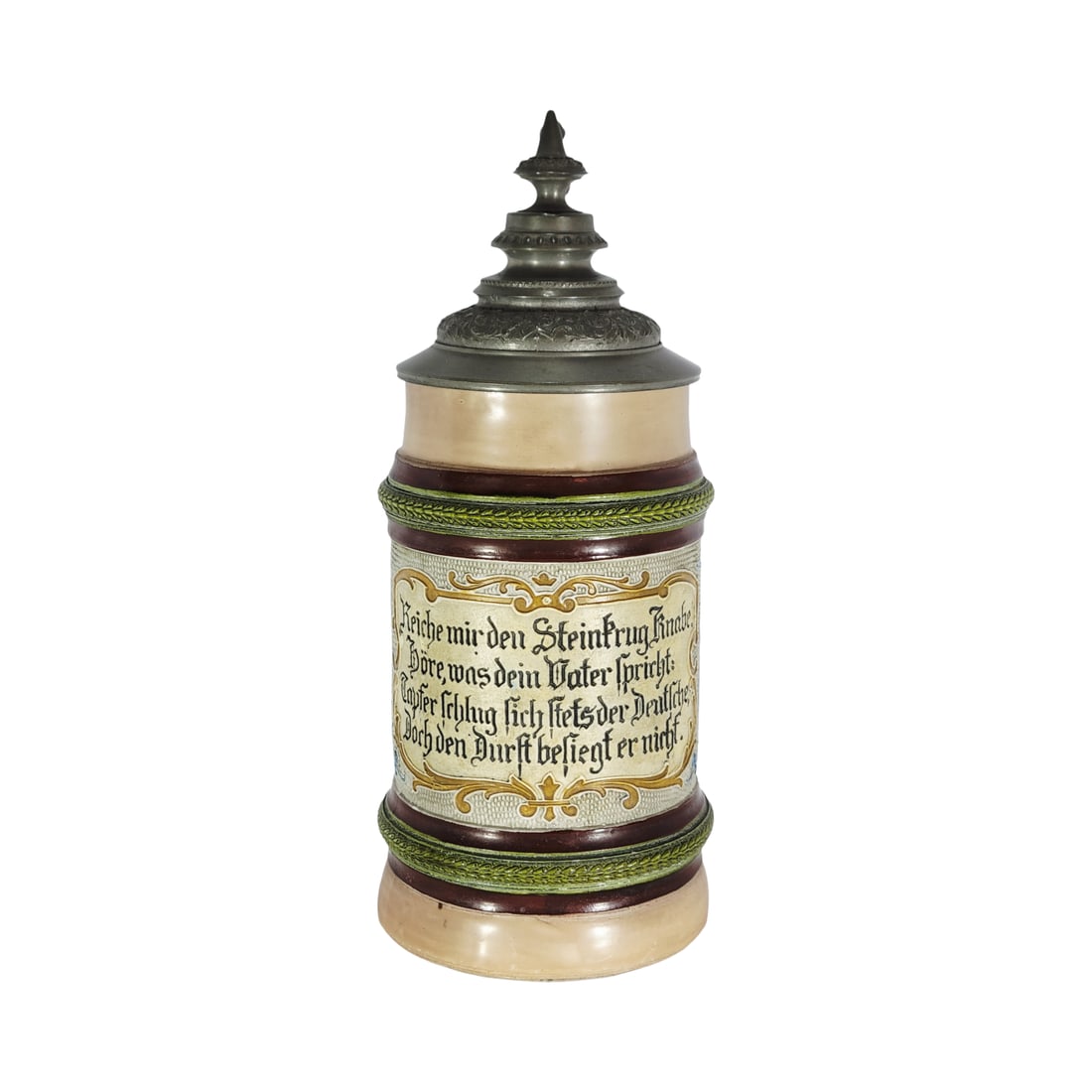 Hauber & Reuther Stein #129, German Beer Stein, Scrollwork with Saying: 1/2 Liter porcelain etched in threaded relief with very nice pewter lid, Text - Hand me the stone jug, boy! Listen to what your father says. The German has always fought bravely, but he cannot
