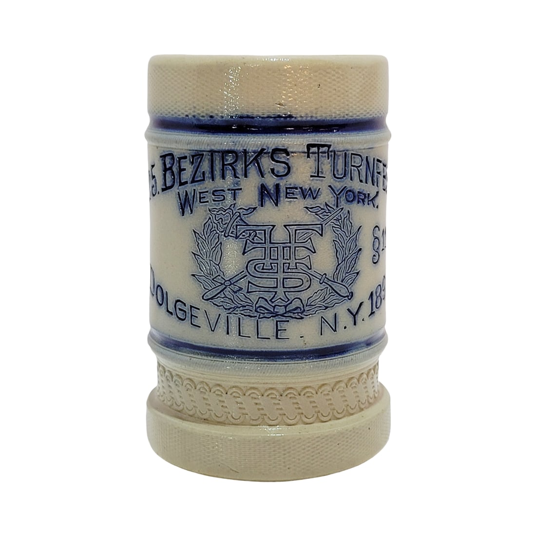 Whites & Utica Stein, American Stoneware Stein, 25. Bezirks Turnfest. West New York: 1/3 Liter stoneware etched blue salt glaze gymnastics souvenir stein, circa 1894
