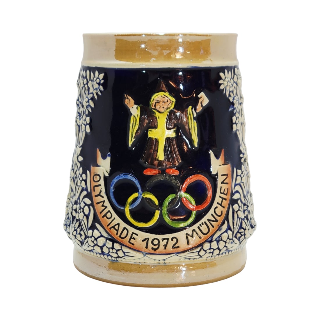Marzi & Remy Stein, German Beer Stein, 1972 Munich Olympics Stein: 1/2 Liter pottery in relief glazed in full color, circa 1972
