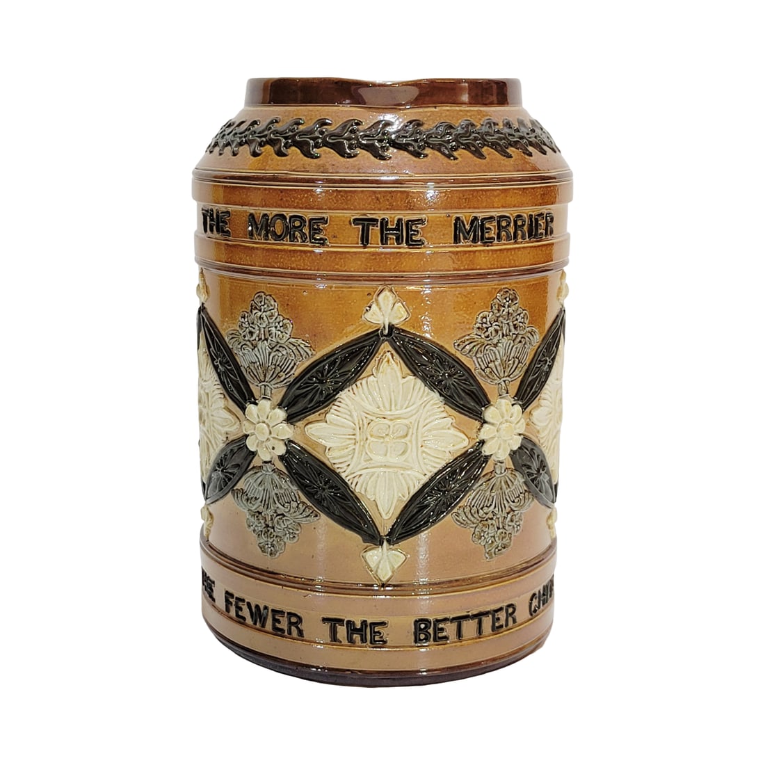 Doultan Lambeth Jug #1517, English Pitcher, Mosaic Beer Pitcher: 7" Tall by 6 1/2" Wide stoneware in relief brown glaze with tapered rim, made by potter Alice Longhurst, circa 1891