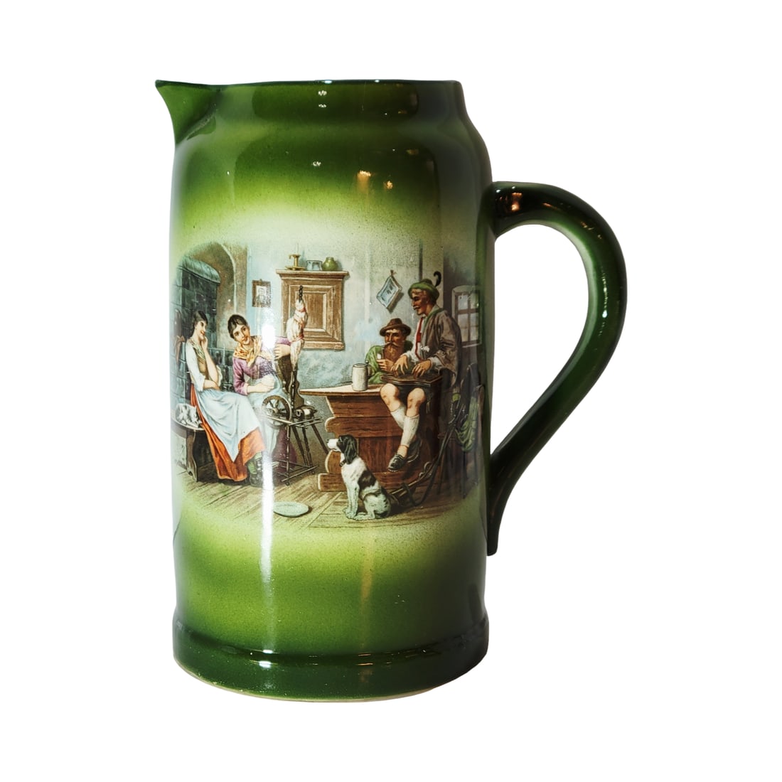 French China Compnay, American Pitcher, German Couples Sharing Time: 1.0 Liter semi-vitrious pocelain transfer under glaze with tapered lid, circa 1899