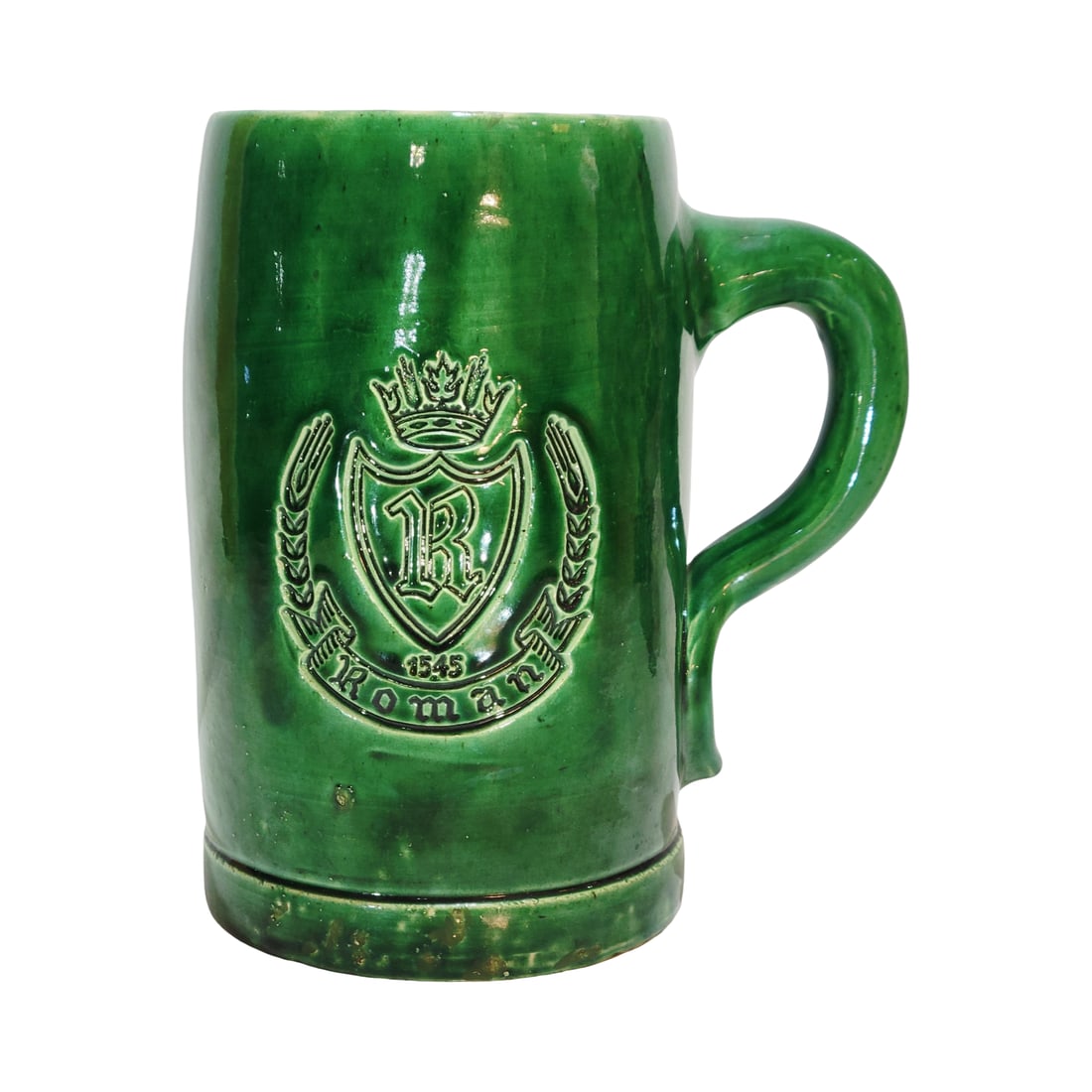 Beer Stein, Belgium Beer Stein, Roman Brewery Stein: 2.0 Liter pottery with green tin glaze with empressed insignia of the Roman Brewery since 1545 in Mater, Belgium, circa 1900's