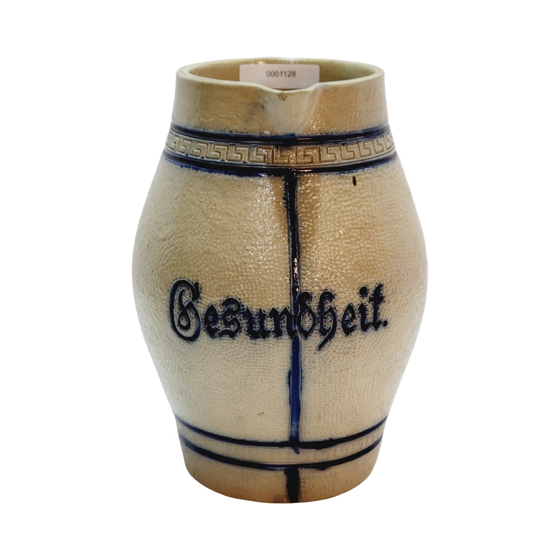 Whites Utica Pitcher, American Pitcher, Gesundheit Beer Pitcher: 2.0 Liter stoneware blue salt glaze with ethced upper and lower borders, circa 1890's