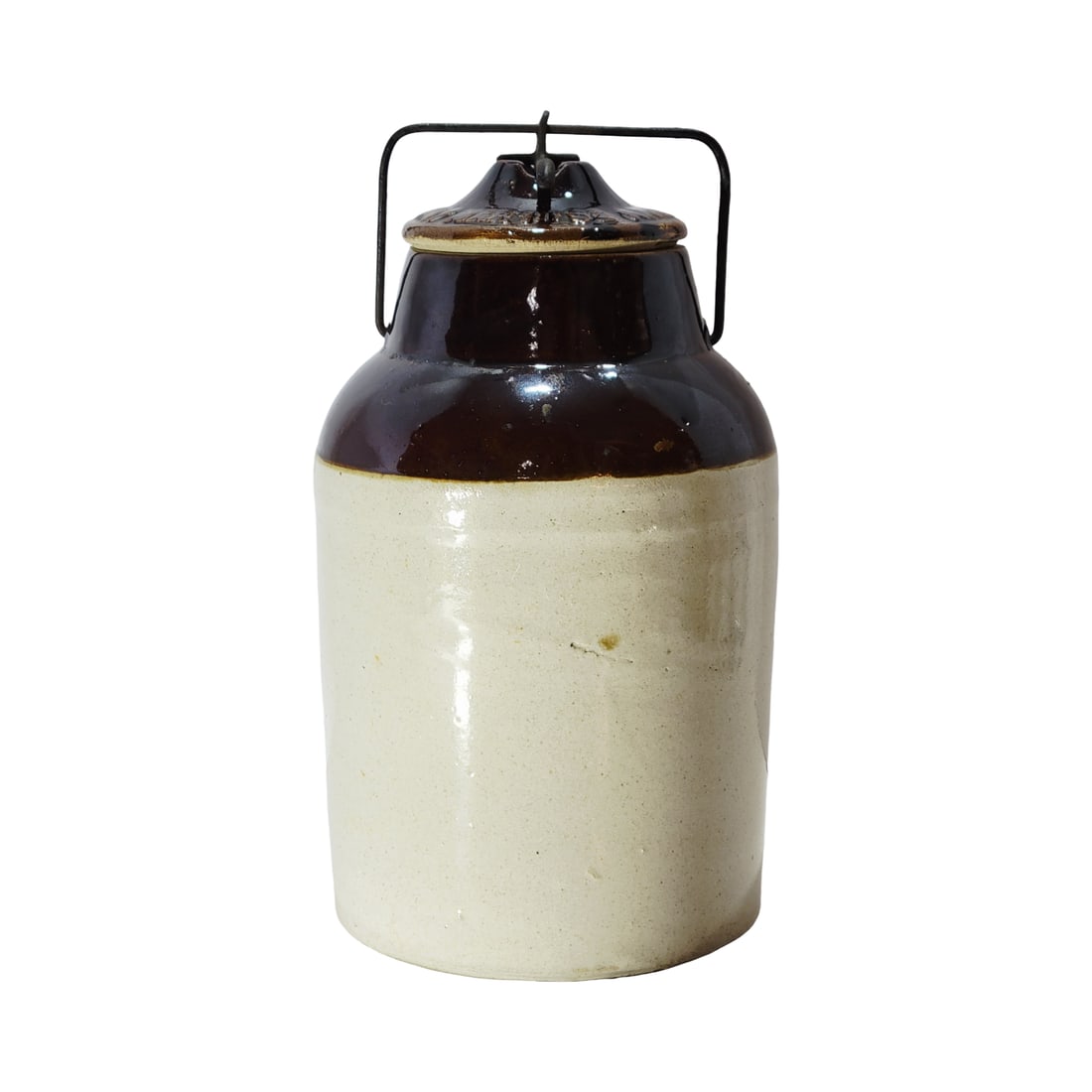 Weir Potery Co. Jar, American Jar, Stoneware Canning Jar: 9 1/2" Tall by 5" Wide, probably 1/2 Gallon stoneware salt glaze with tan and brown glazing, wire lid for sealing, circa late 1890's