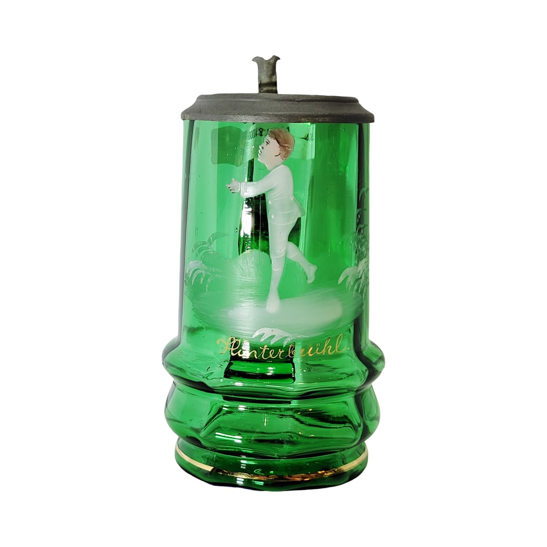 Glass Stein, German Beer Stein, Mary Gregory Style Stein: 1/4 Liter blown green glass with bubbles and facetes, conical shaped with 2 faceted ribs, gilded rim and basal ring, polished pontil, green glass inlay lid, circa early 1900