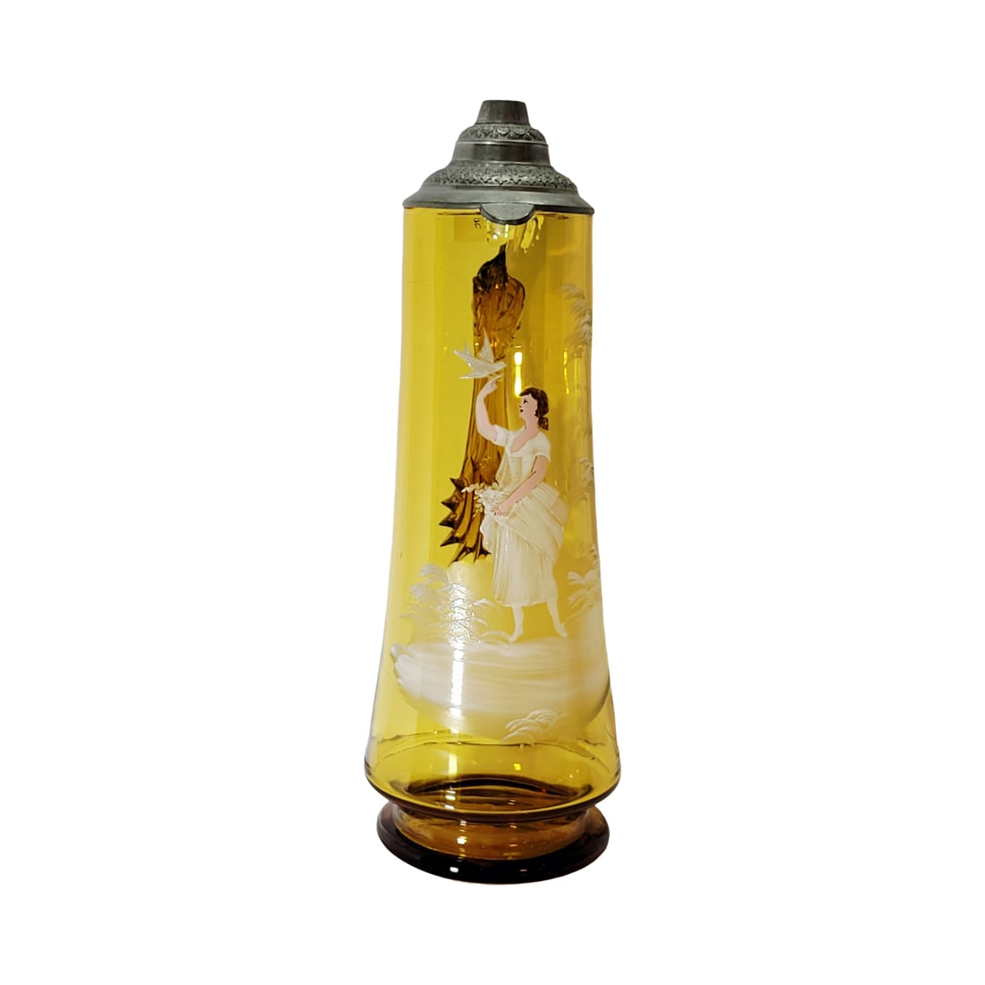 Glass Stein, German Beer Stein, Mary Gregory Style Stein: 2.0 Liter blown amber colored glass with bubbles hand enameling with a woman and a bird, narrowbody with flared and indented footed base with a partial polished pontil, nice pewter lid, circa late 180