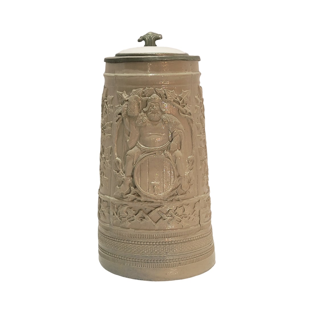 Regensberg Stein, Bohemian Beer Stein, King Gambrinus on Barrel: 1.0 Liter stoneware salt glaze in relief with hand painted porcelain inlay lid, circa 1860's