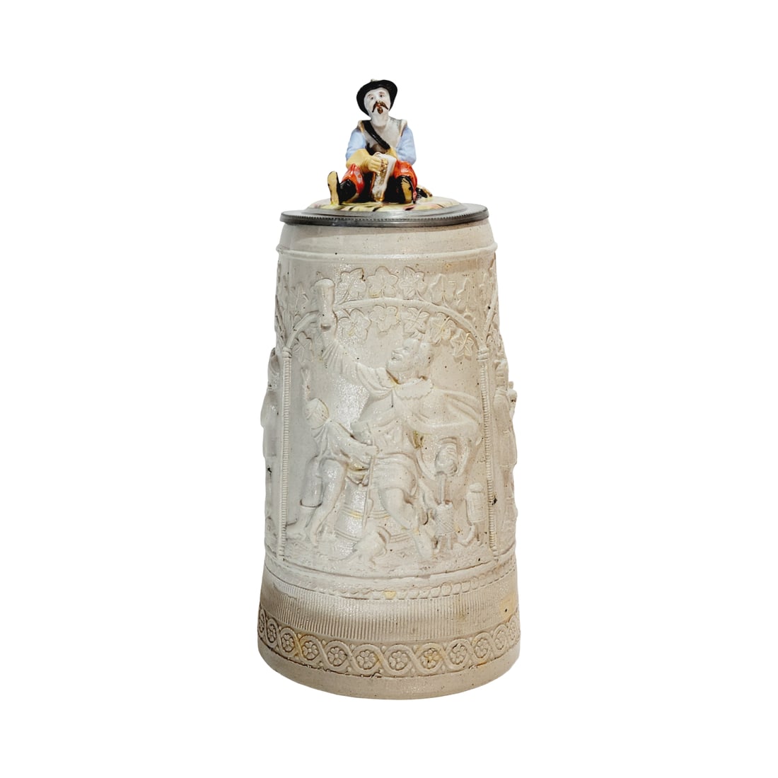 Regensberg Stein, Bohemian Beer Stein, 3 Panel Gambrinus Stein: 1.0 Liter stoneware salt glaze in relief with excellent hand painted porcelain figural lid, circa 1860's