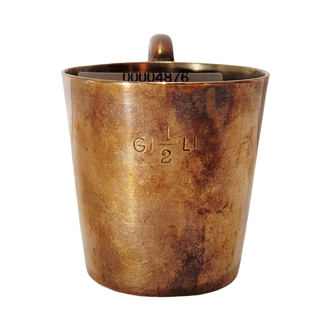 Copper Cup, English Cup, Antique Copper Rum Measure or Tot: 2" Tall by 3 1/4" Wide solid copper measure with handle, the R and N stands for Royal Navy, circa early 1900