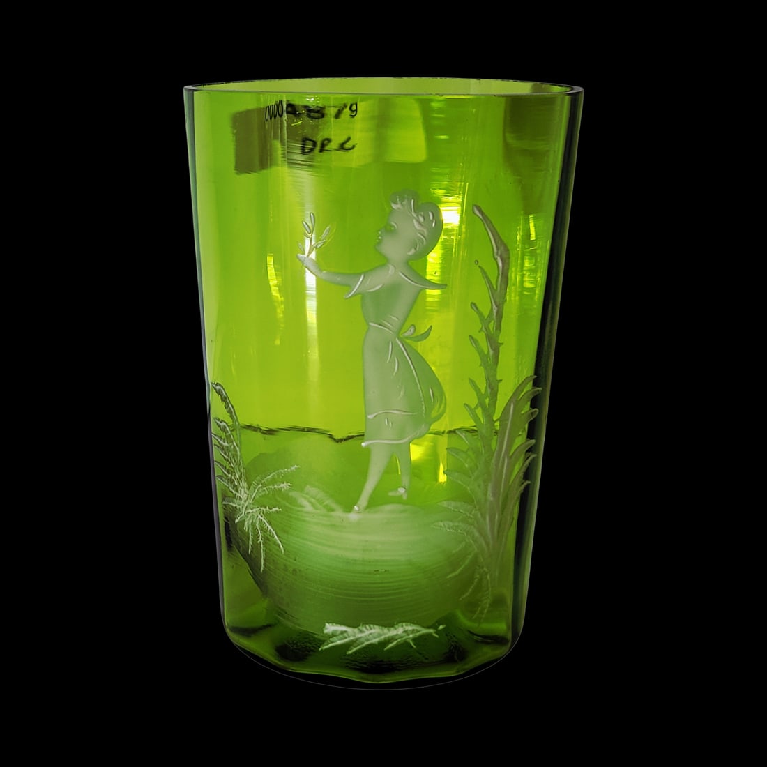 Beer Glass, German Beer Glass, Mary Gregory Style Glass: 4" Tall by 2 7/8" Wide blown yellow green glass hand enameled with gilded rim, faceted body with unpolished base, circa early 1900