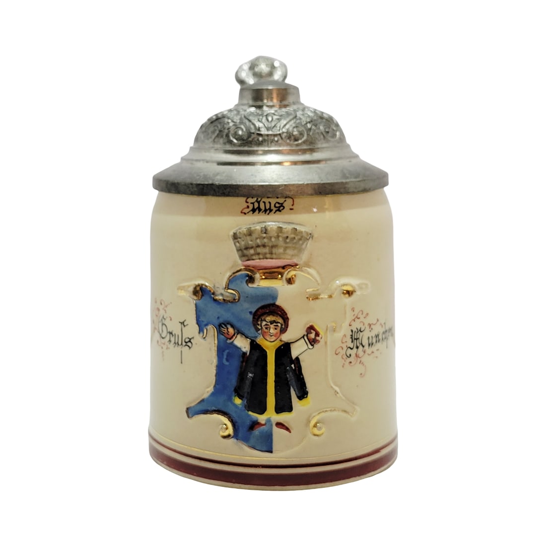 Miniture Beer Stein, German Beer Stein, Greetings From Munich: 1/8 Liter pottery in raised relief hand painted with pewter lid, circa early 1900