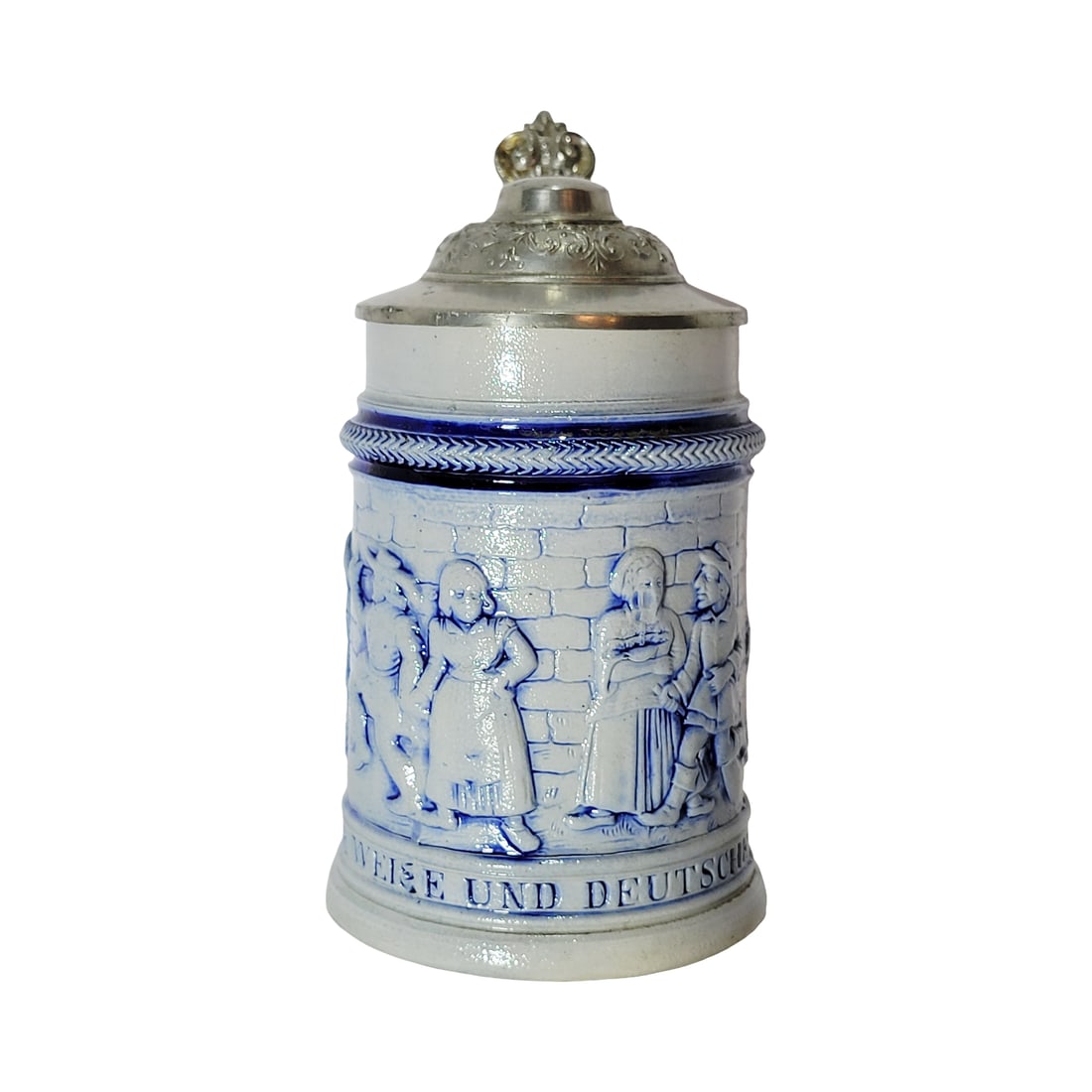 Reinhold Hanke Stein #420, German Beer Stein, Peasants Dancing: 1/4 Liter stoneware blue salt glaze in relief with replaced period lid, Text - In accordance with custom and German tradition, circa ealy 1890's