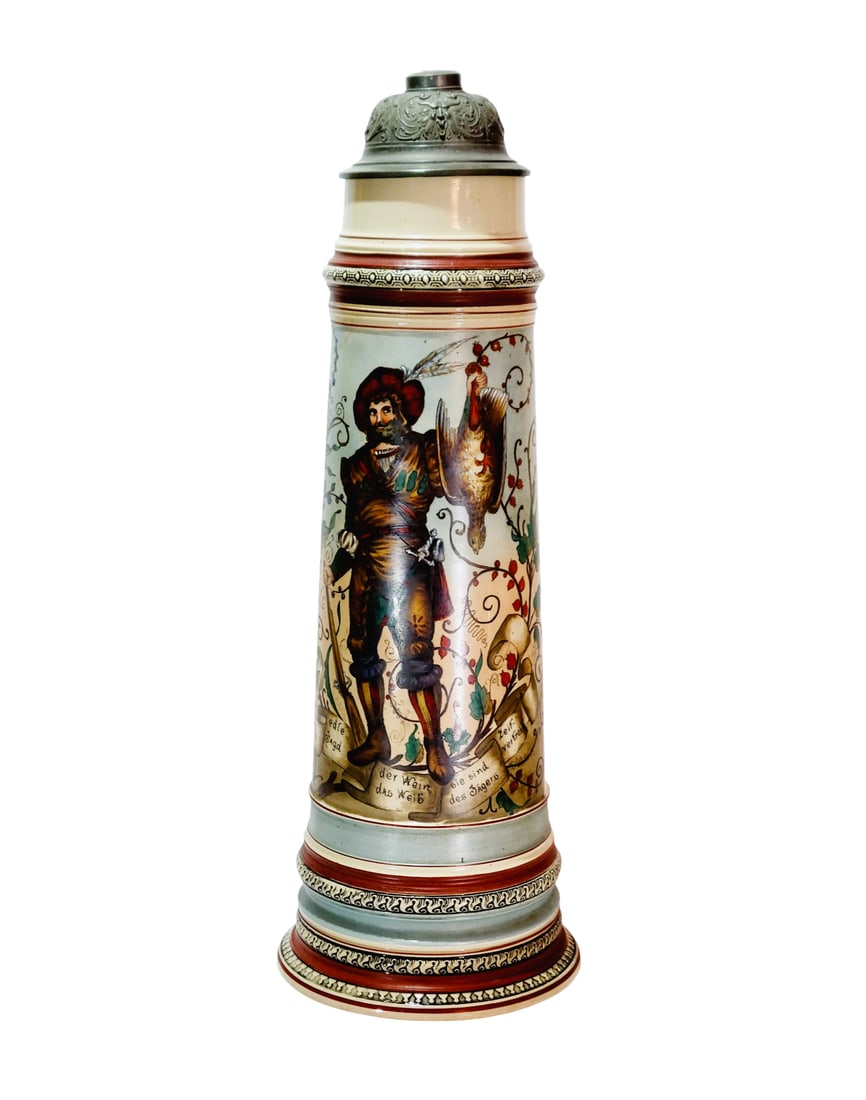 Reinhold Hanke Stein #1184, German Master Stein, Hunter with His Spoil: 4.5 Liter pottery hand embellished transfer with nice pewter lid, circa late 1890's