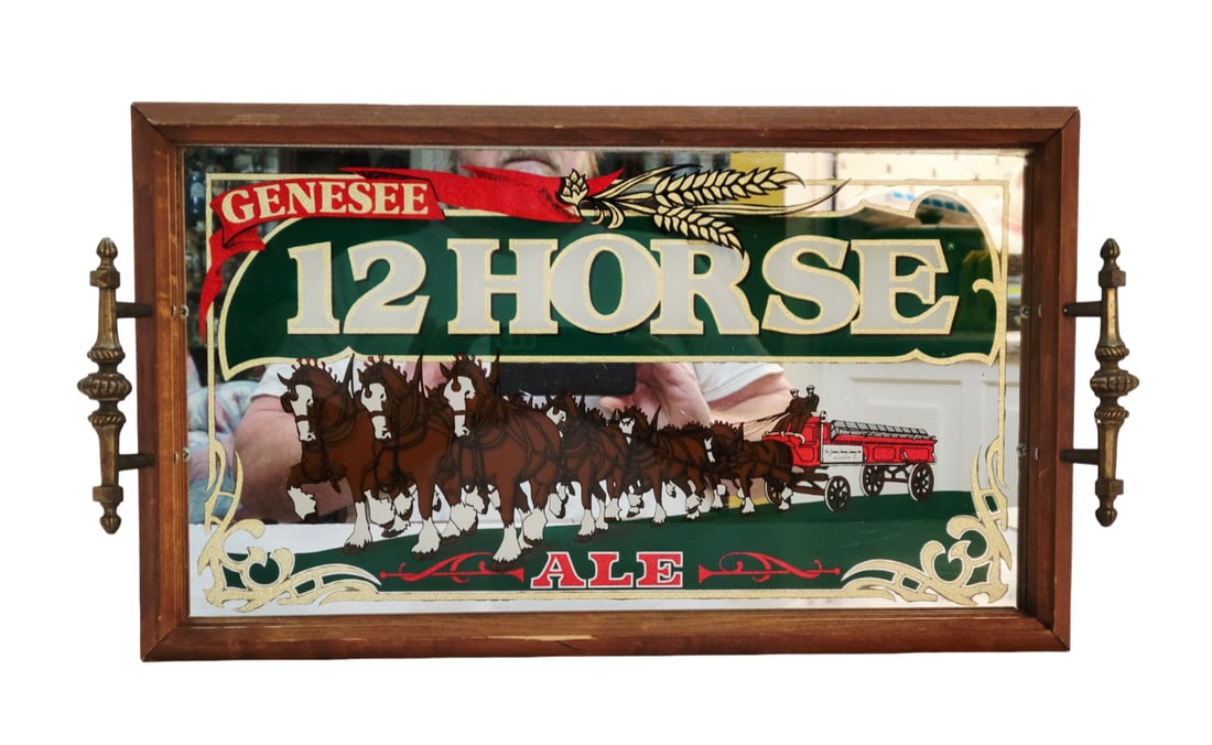 Beer Tray, American Brewery Tray, Genesee Brewery Beer Tray: 11 1/2" Tall by 18 1/2" Wide mirrored glas tray, nicely printed with nice wood fram and brass handles, circa mid 1900's
