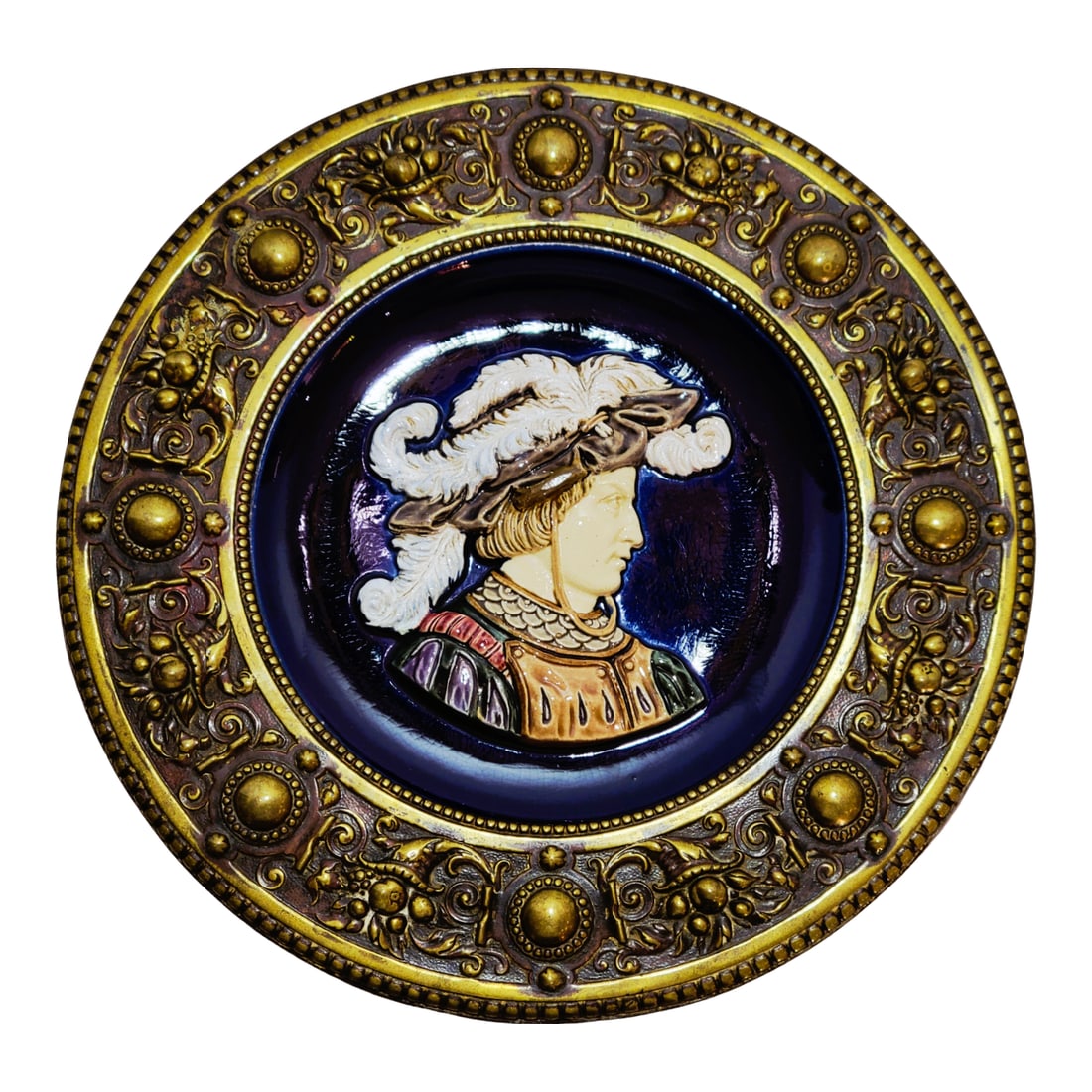 Johann Maresch Plaque #2, Bohemian Plaque, Landsknecht Portrait Plaque: 10 1/4" Diameter bronze plaque holder with 6 1/2" Diameter pottery plaque colorfully glazed, circa 1880's
