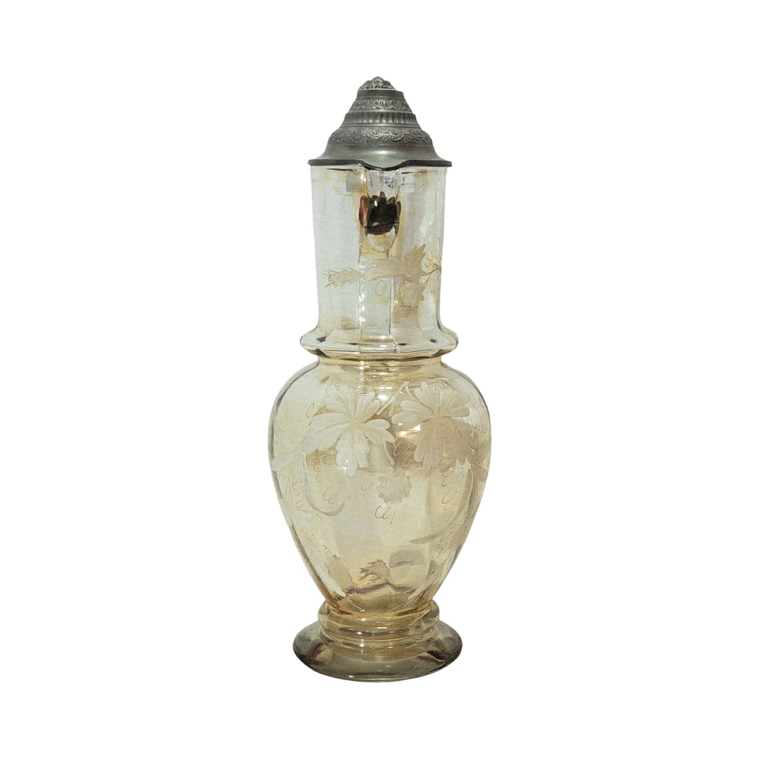 Glass Stein, German Glass Beer Stein, Floral Design Beer Stein: 2.0 Liter blown light amber colored transluscent glass hand enameled with florals and a faceted neck to rib then twisted faceted body to an applied blown clear colorless glass base with partial pontil