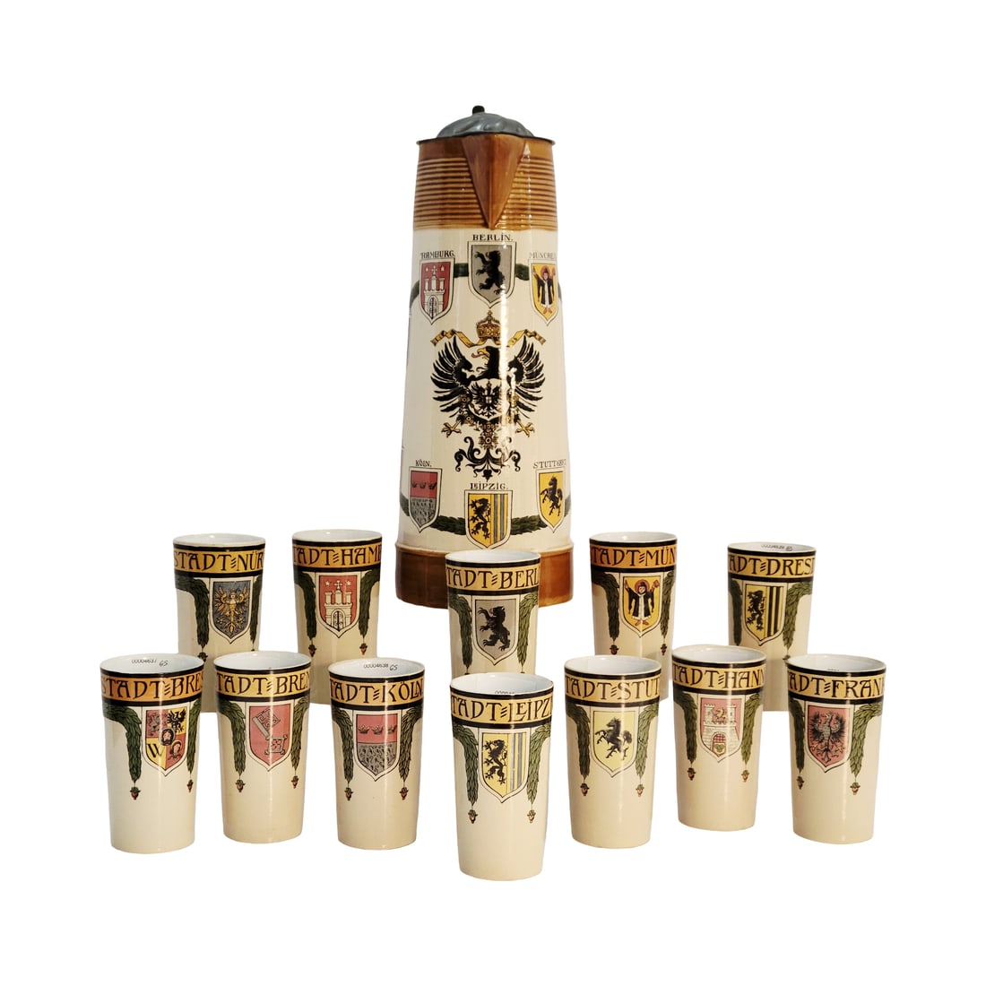 Viileroy & Boch Mettlach Stein #2893/1200, German Master Stein, City Coats-of-Arms Stein with: 3.25 Liter pottery print under glaze and pewter lid, 1/4 Liter pottery print under glaze associated beakers, very nice complete set, circa early 1900