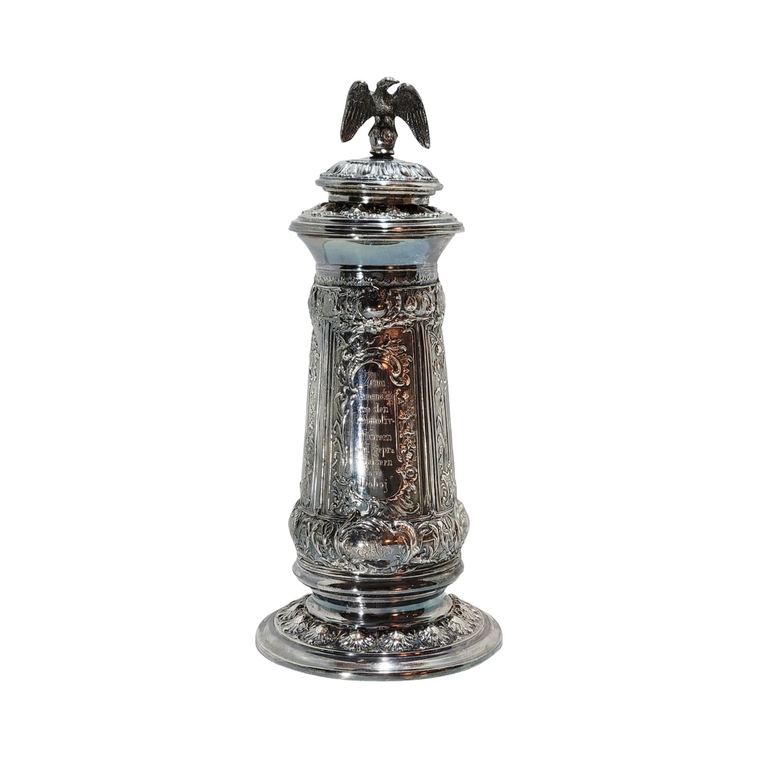 Silver Stein, German Beer Stein, Presentation Stein: 1.5 Liter silver plated in relief engraved with flareed footeed base, very nice stacked silver plated lid with applied eagle and ornate handle, initials AG inscribed, circa early 1900