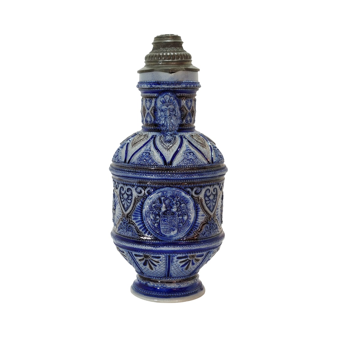 Reinhold Hanke Stein #165, German Beer Stein, Coat of Arms with Rosettes: 2.0 Liter stoneware salt glaze in relief with blue and maganese glazes, nice pewter lid, circa mid 1880's