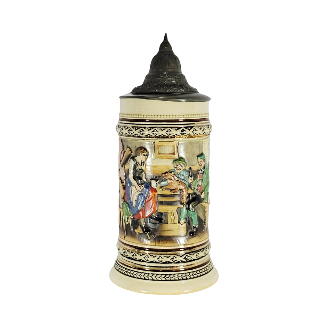 Marzi & Remy Stein #240, German Beer Stein, Hunters with Fox: 1/2 Liter pottery in relief in full color with pewter lid, Text - After the sweat of the day, I prize a cool drink, circa 1880's