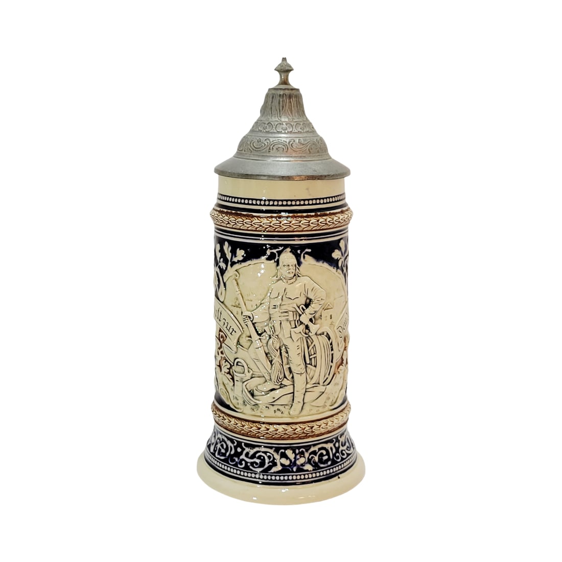 Marzi & Remy Stein #47, German Beer Stein, Fireman: 1/2 Liter pottery in relief in limited color with pewter lid, Text - To honor God, to defend our neighbors. One for all, all for one, circa early 1900's