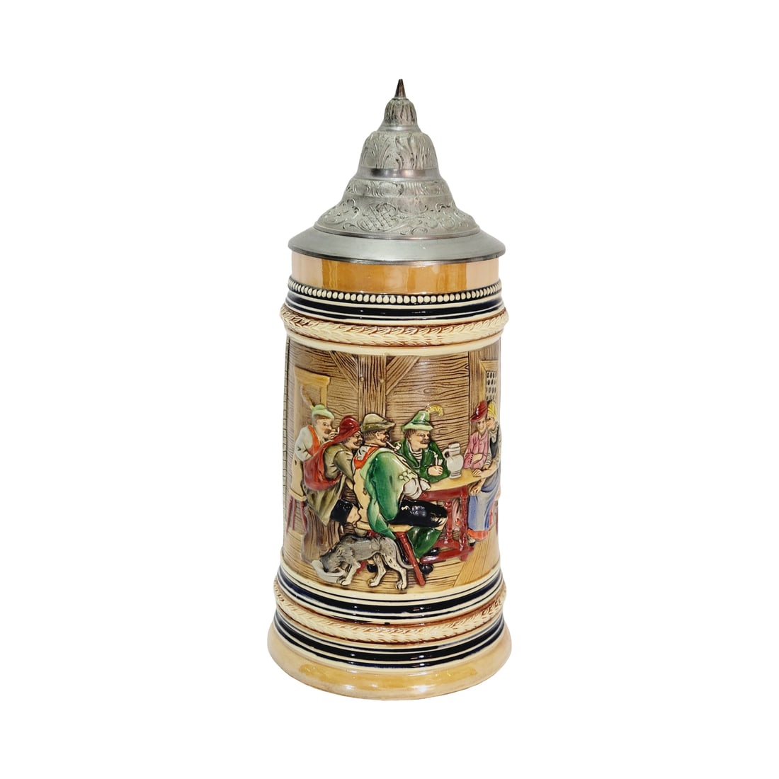 Marzi & Remy Stein #380, German Beer Stein, Poachers in the Herder’s Hut: 1.0 Liter pottery in relief in full color with nice pewter lid, circa 1900's