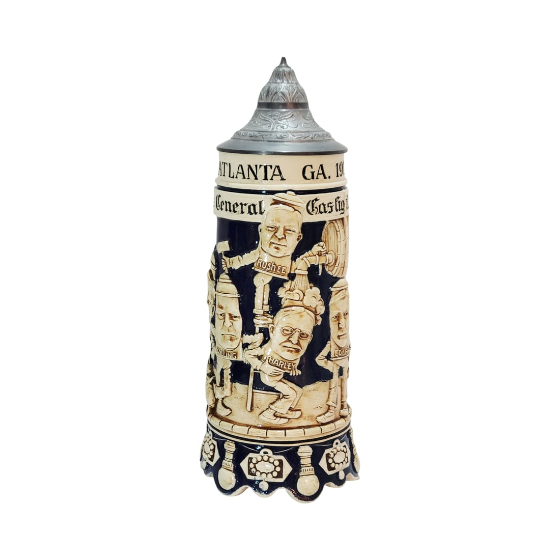 Antique Stein, German Beer Stein, Greetings General Gaslight Company: 1.0 Liter pottery in raised relief with a music box base and music box, nice pewter lid, this stein was made in a very limited number and few can be found, circa 1912