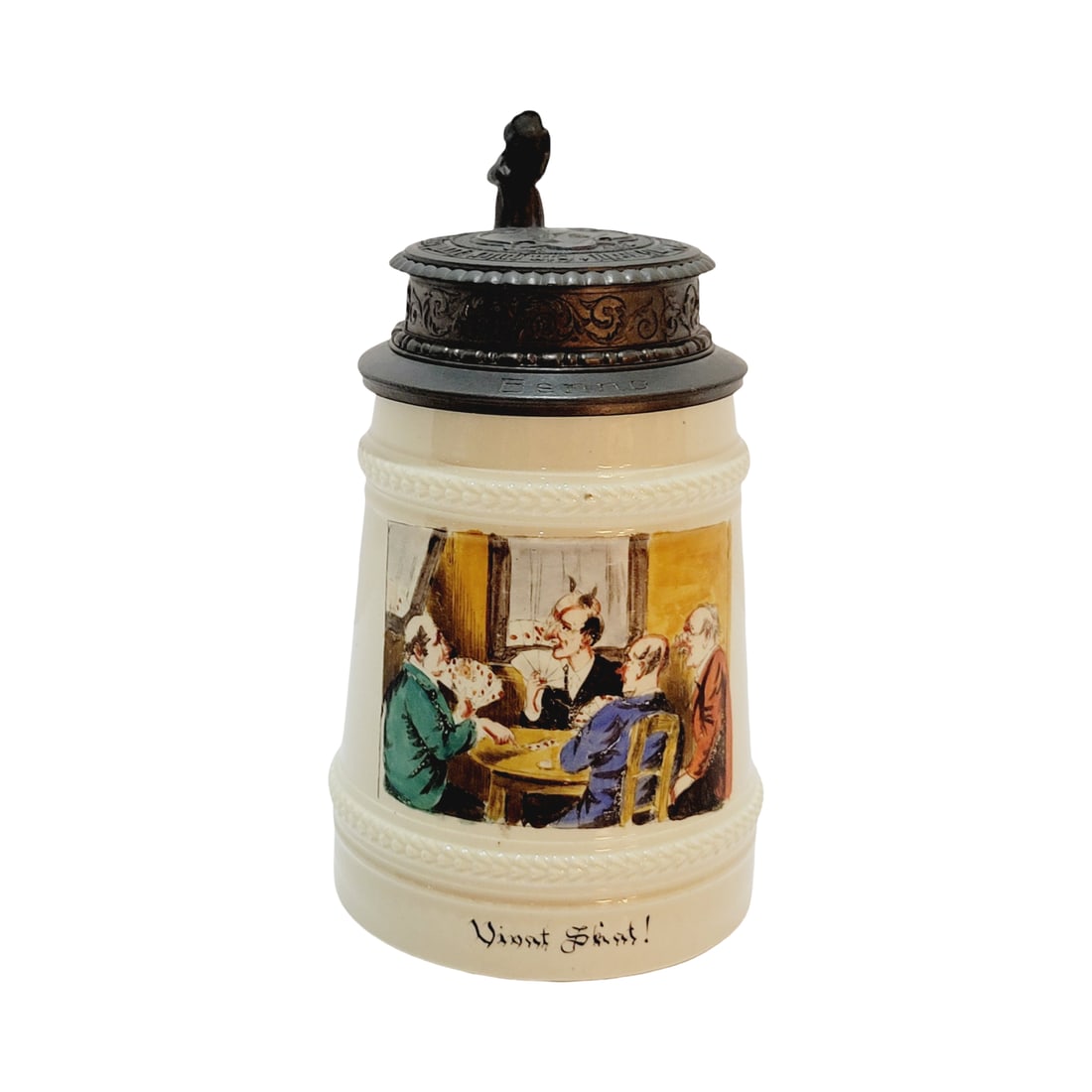 Antique Stein, German Beer Stein, The Scat Players: 1/2 Liter pottery hand embellished print over glaze with fantastic engraved pewter lid with cards and a saying, circa late 1800's
